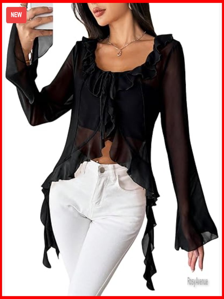 Tie Front Ruffle Sheer Blouse Long Bell Sleeve Going Out Top Solid V-Neck